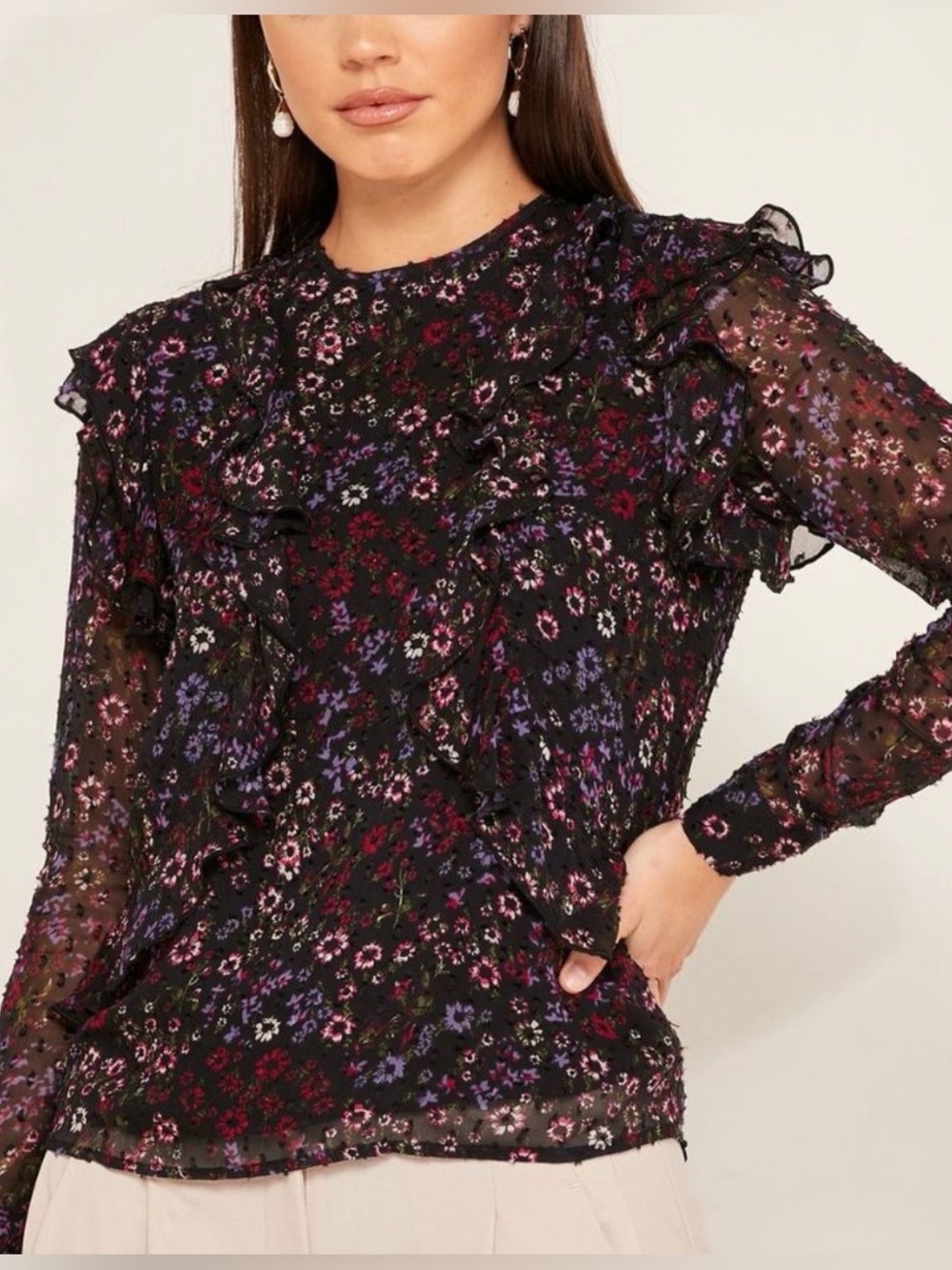 Reiss Faiza India Ruffle Pintuck Black Floral Blouse